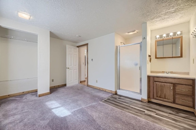 unfurnished bedroom with sink, ensuite bathroom, a textured ceiling, light colored carpet, and a closet