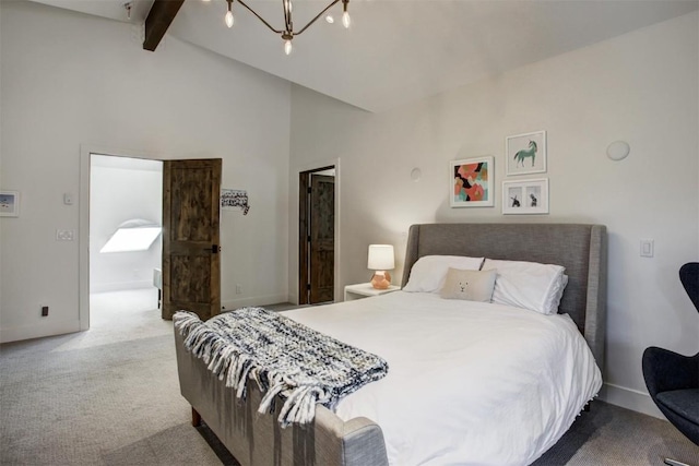 bedroom with light carpet, lofted ceiling with beams, and a notable chandelier