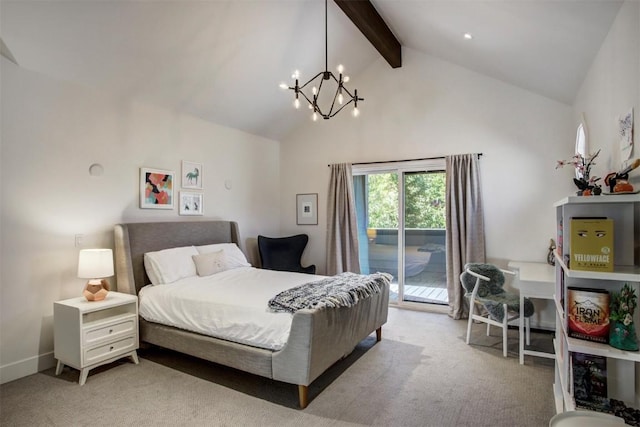 bedroom with light carpet, high vaulted ceiling, access to exterior, beam ceiling, and a chandelier