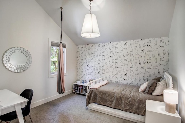 bedroom featuring carpet floors and vaulted ceiling