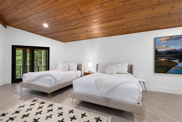 bedroom with wooden ceiling, light hardwood / wood-style flooring, access to outside, and vaulted ceiling