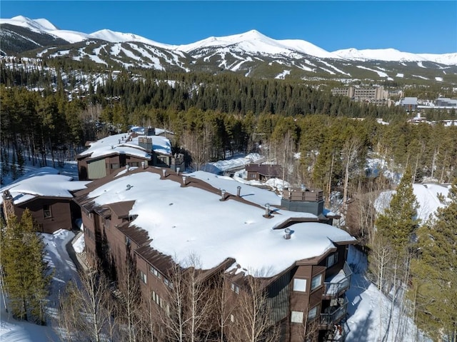 snowy aerial view featuring a forest view and a mountain view