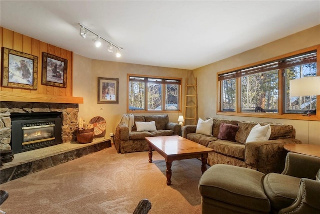 carpeted living room with plenty of natural light, track lighting, and a fireplace