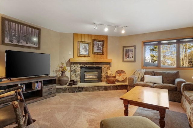 living area with a stone fireplace, rail lighting, and carpet floors