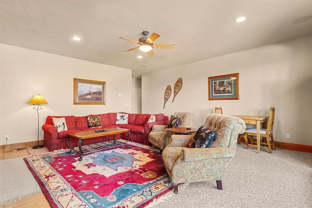 living area with recessed lighting, baseboards, carpet floors, and ceiling fan