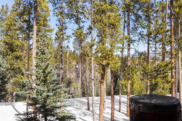 view of patio / terrace with a forest view