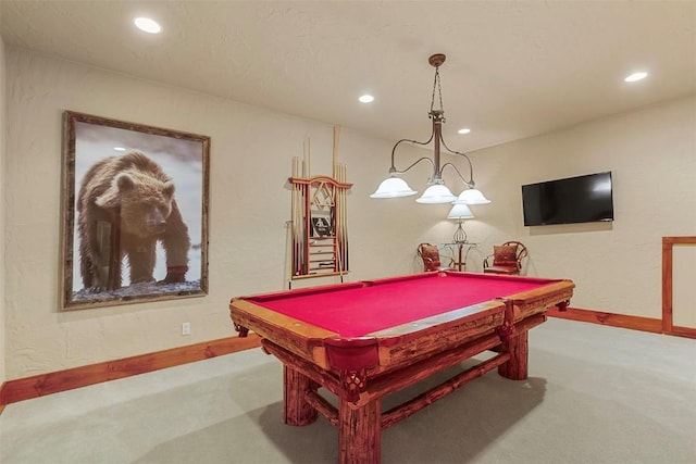 recreation room featuring recessed lighting, baseboards, carpet floors, and billiards