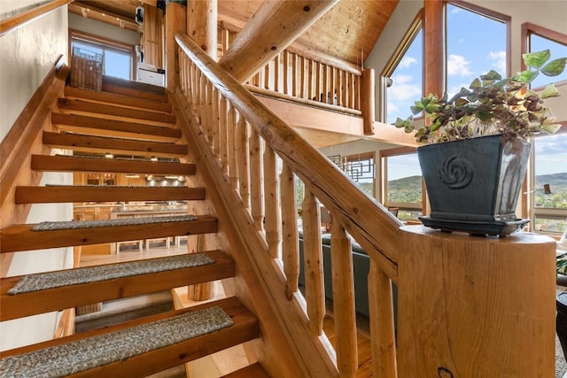 staircase with a mountain view