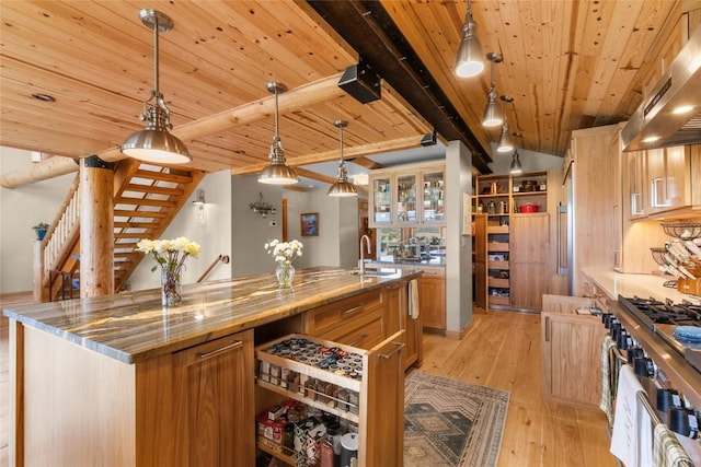 kitchen featuring wood ceiling, light hardwood / wood-style flooring, decorative light fixtures, ventilation hood, and a center island with sink