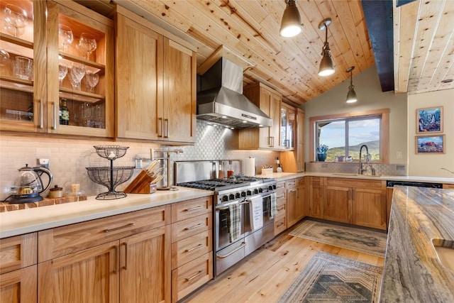 kitchen with double oven range, wood ceiling, light hardwood / wood-style floors, hanging light fixtures, and wall chimney exhaust hood