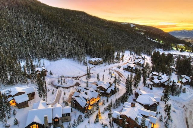 snowy aerial view featuring a mountain view