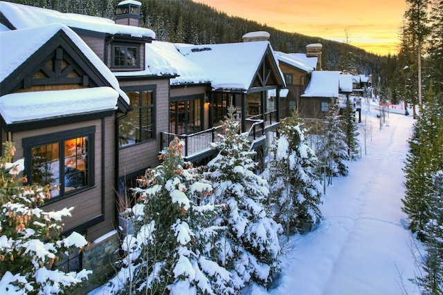 view of snow covered property