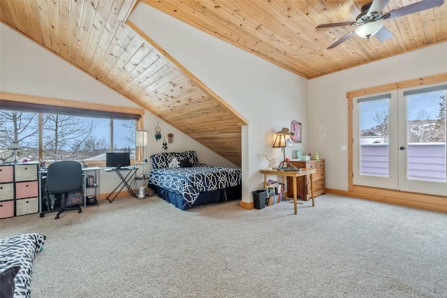 bedroom with carpet, a ceiling fan, vaulted ceiling, wood ceiling, and access to outside