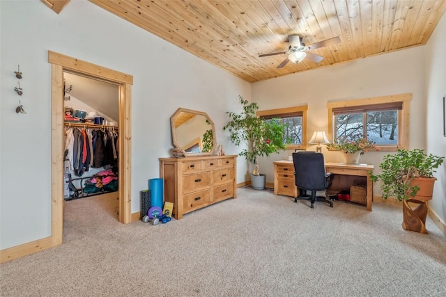 office with carpet flooring, wooden ceiling, baseboards, and ceiling fan