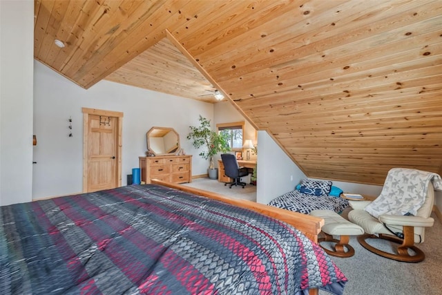 carpeted bedroom featuring wooden ceiling and vaulted ceiling