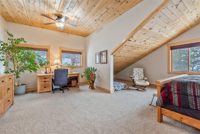 carpeted bedroom featuring wooden ceiling, a ceiling fan, lofted ceiling, and baseboards