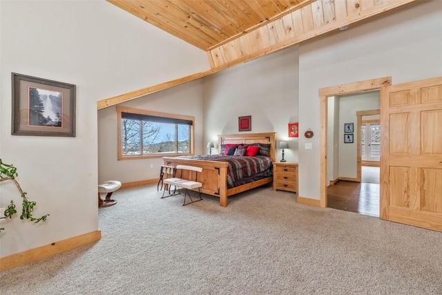 carpeted bedroom featuring wooden ceiling, baseboards, and high vaulted ceiling