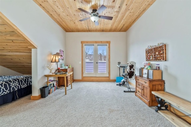 carpeted bedroom with ornamental molding, a ceiling fan, french doors, wood ceiling, and access to exterior