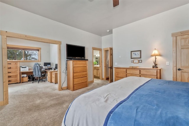 bedroom with ceiling fan and light carpet