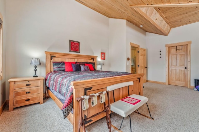 bedroom with light colored carpet, wooden ceiling, high vaulted ceiling, and baseboards