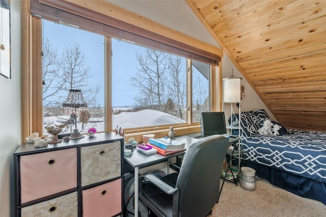 carpeted bedroom featuring vaulted ceiling and wooden ceiling