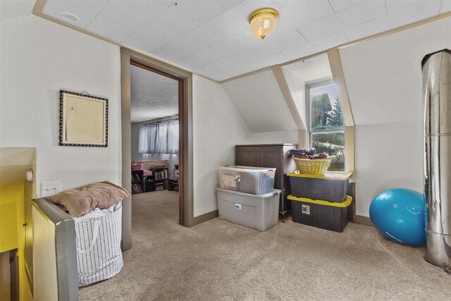 additional living space featuring lofted ceiling and light carpet