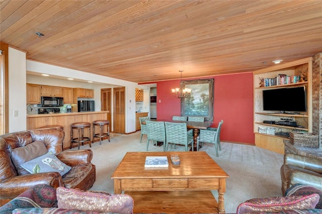 living room featuring recessed lighting, light colored carpet, wooden ceiling, and an inviting chandelier