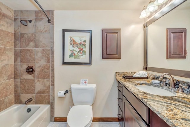 full bath featuring toilet, shower / tub combination, tile patterned flooring, baseboards, and vanity