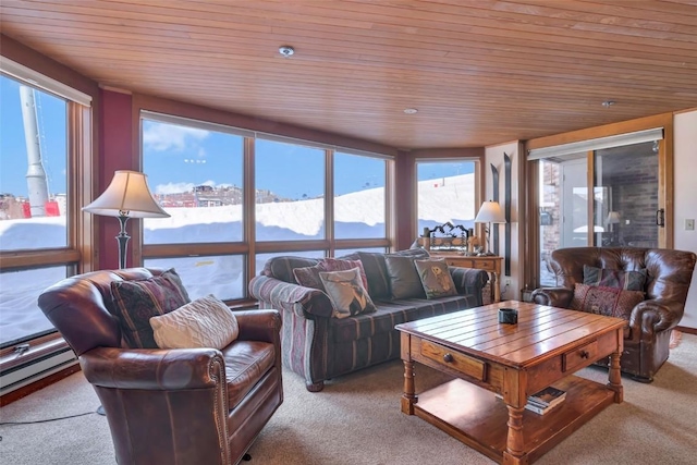 carpeted living area with a baseboard heating unit and wood ceiling