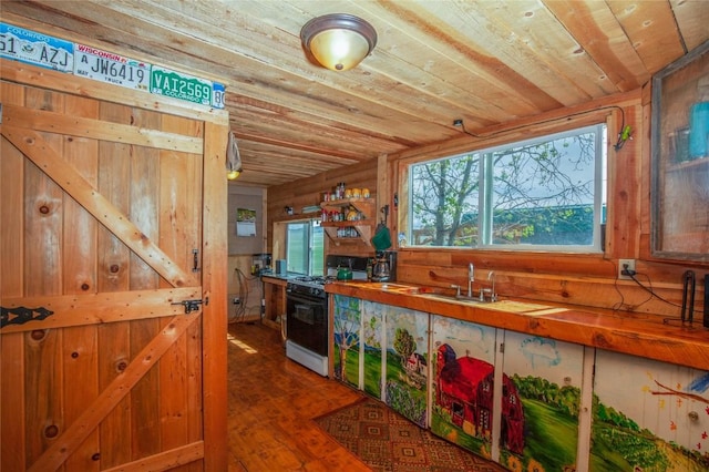 kitchen with sink, dark hardwood / wood-style flooring, wood walls, wood ceiling, and white gas range oven