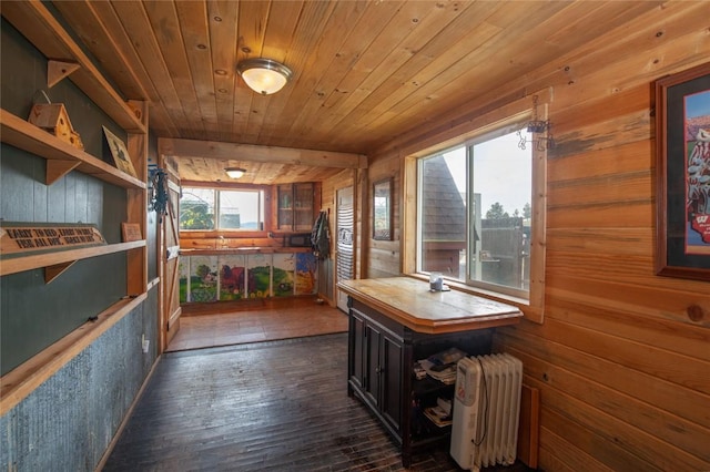 interior space featuring wood ceiling and radiator heating unit