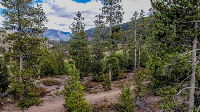 mountain view featuring a view of trees