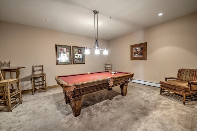 playroom with recessed lighting, a baseboard radiator, pool table, carpet flooring, and baseboards