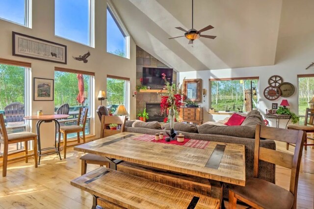 living room featuring ceiling fan, a fireplace, high vaulted ceiling, and light hardwood / wood-style flooring