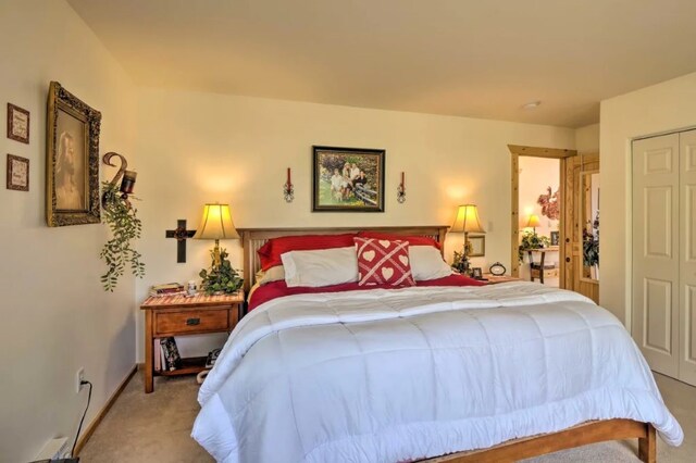 carpeted bedroom with a closet