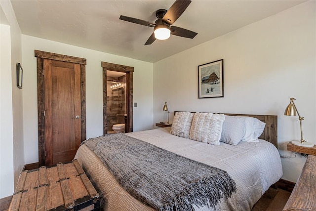 bedroom featuring ensuite bath and ceiling fan