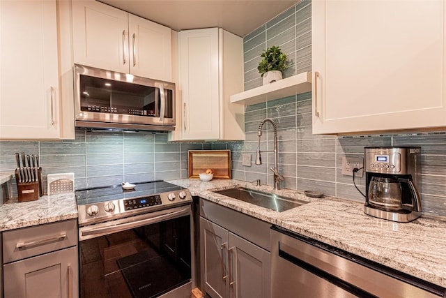 kitchen featuring light stone countertops, backsplash, stainless steel appliances, sink, and white cabinets