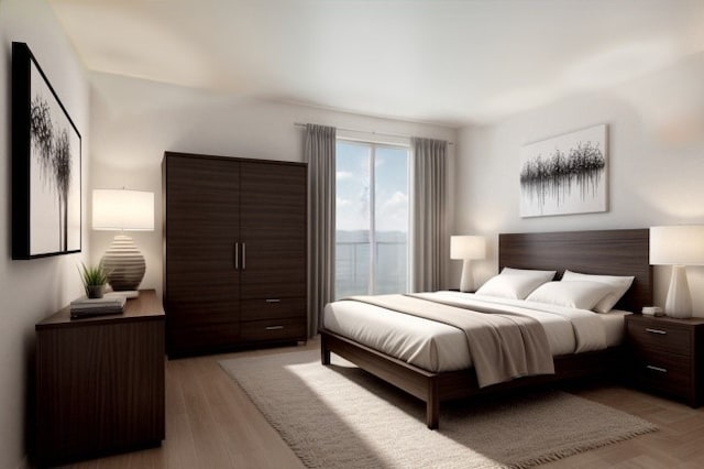 bedroom with light wood-style floors