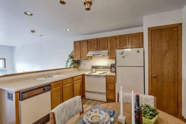 kitchen featuring under cabinet range hood, white appliances, a sink, light countertops, and brown cabinets