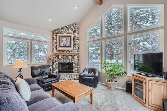 living room featuring vaulted ceiling with beams, a stone fireplace, and light carpet