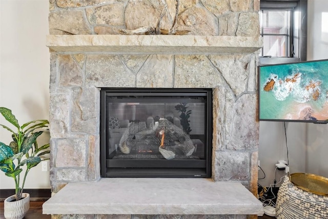 room details featuring a stone fireplace