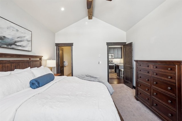 carpeted bedroom with vaulted ceiling with beams and ceiling fan