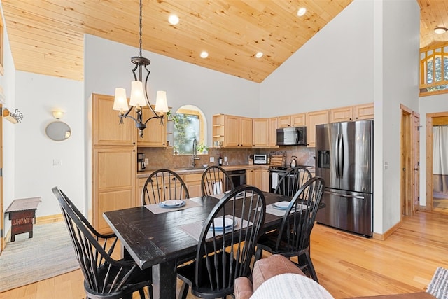 dining room featuring high vaulted ceiling, sink, a notable chandelier, light hardwood / wood-style floors, and wood ceiling