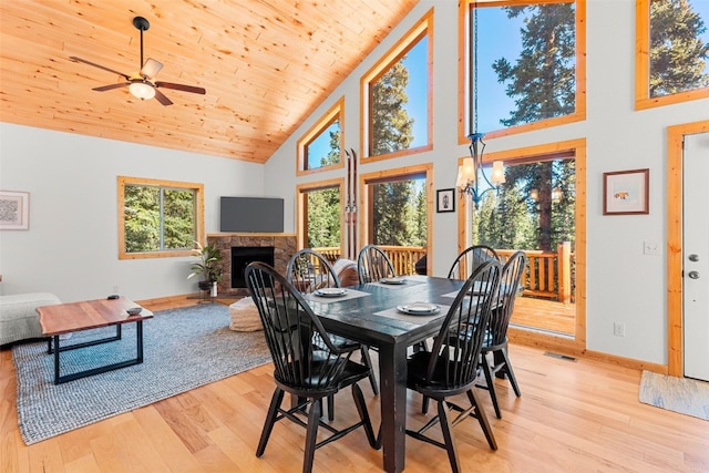 dining space with ceiling fan, high vaulted ceiling, wooden ceiling, and light wood-type flooring