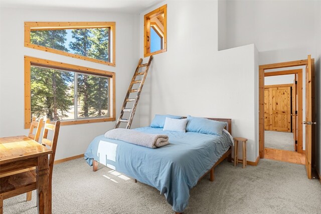 carpeted bedroom with a towering ceiling and multiple windows