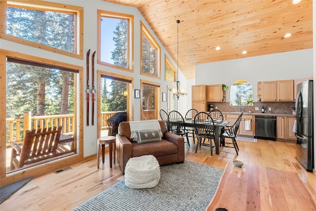 interior space with a healthy amount of sunlight, light hardwood / wood-style flooring, high vaulted ceiling, and wooden ceiling