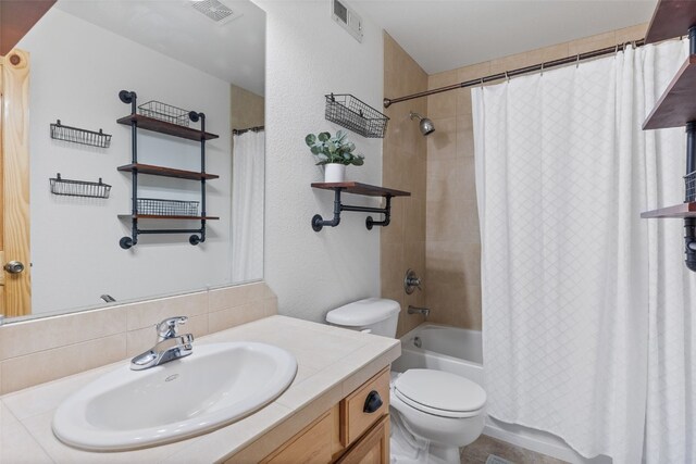 full bathroom with backsplash, vanity, shower / bath combination with curtain, and toilet