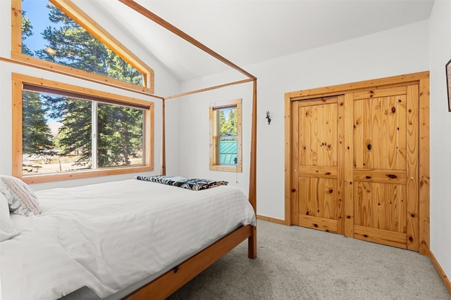 carpeted bedroom with vaulted ceiling