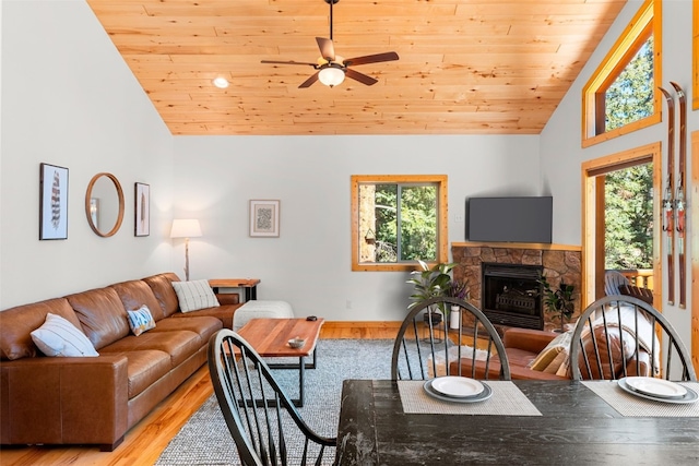 living room featuring ceiling fan, wooden ceiling, a fireplace, and light hardwood / wood-style flooring