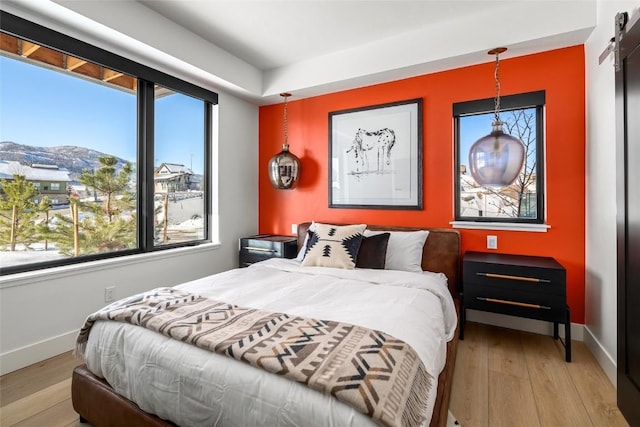 bedroom featuring a barn door, multiple windows, light wood-type flooring, and a mountain view